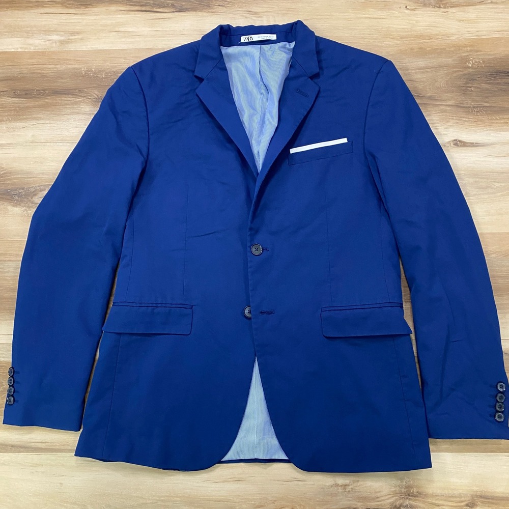 Zara Blazer Size 40 Blue Two Button Viscose Blend Slim Fit Suit Jacket